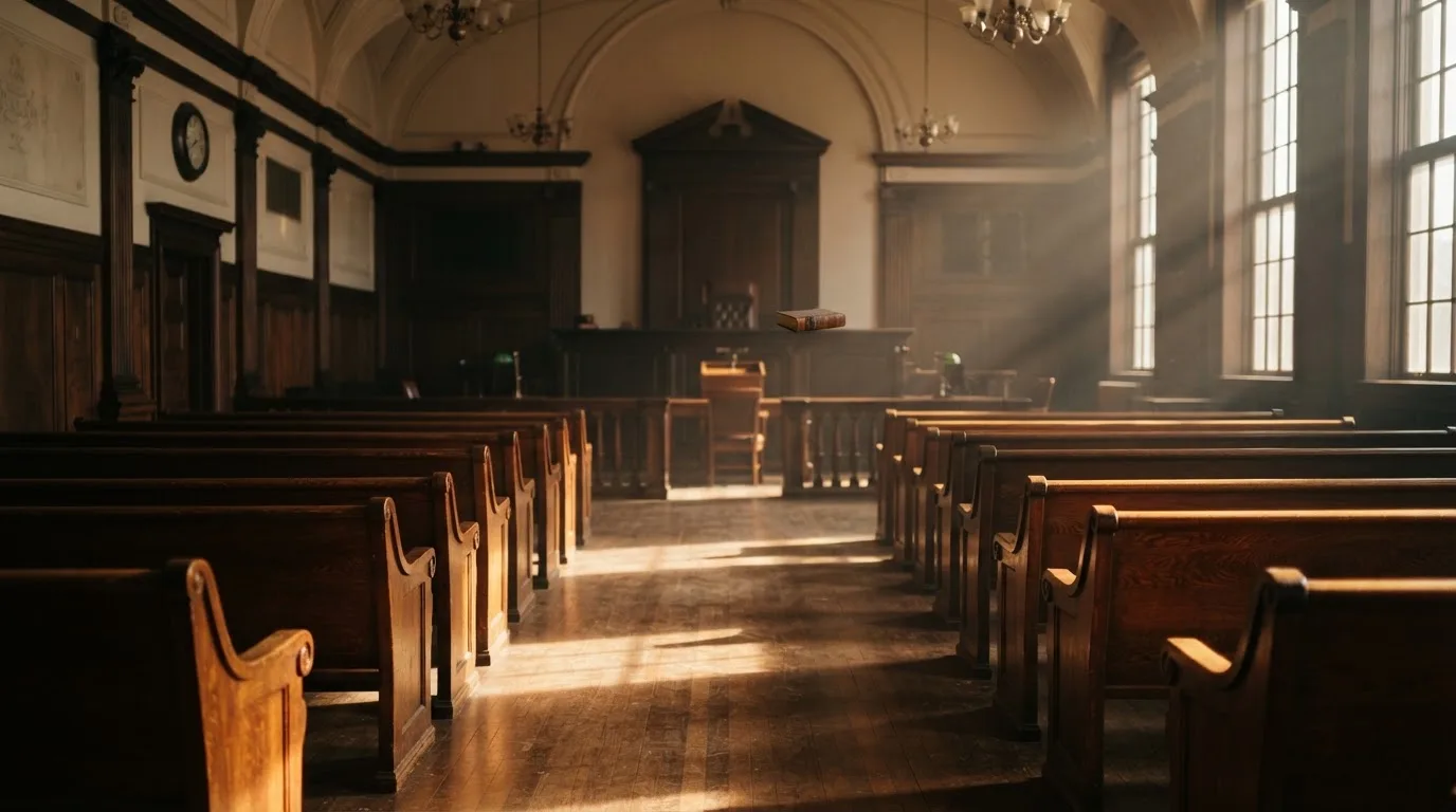 An empty courtroom with wooden benches in morning light