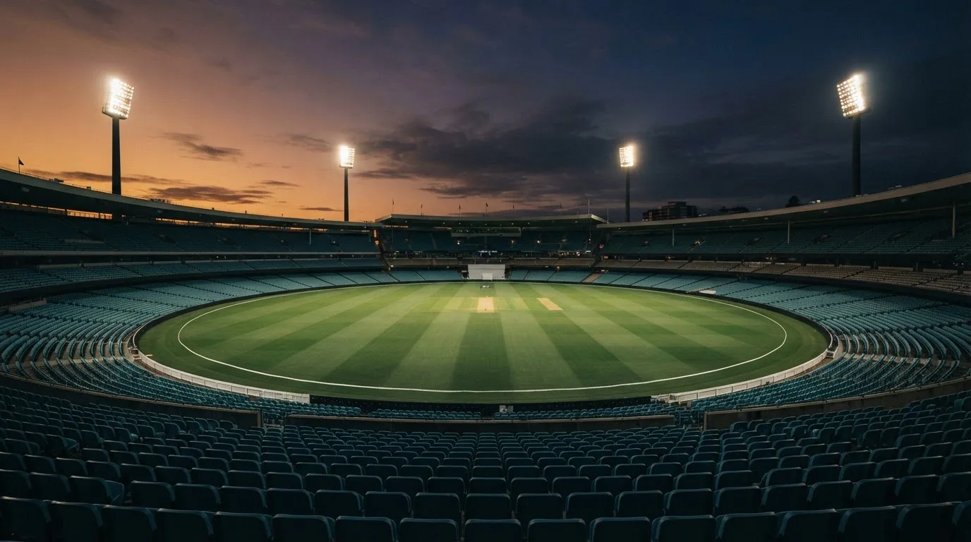 An empty football stadium with floodlight masts at dusk