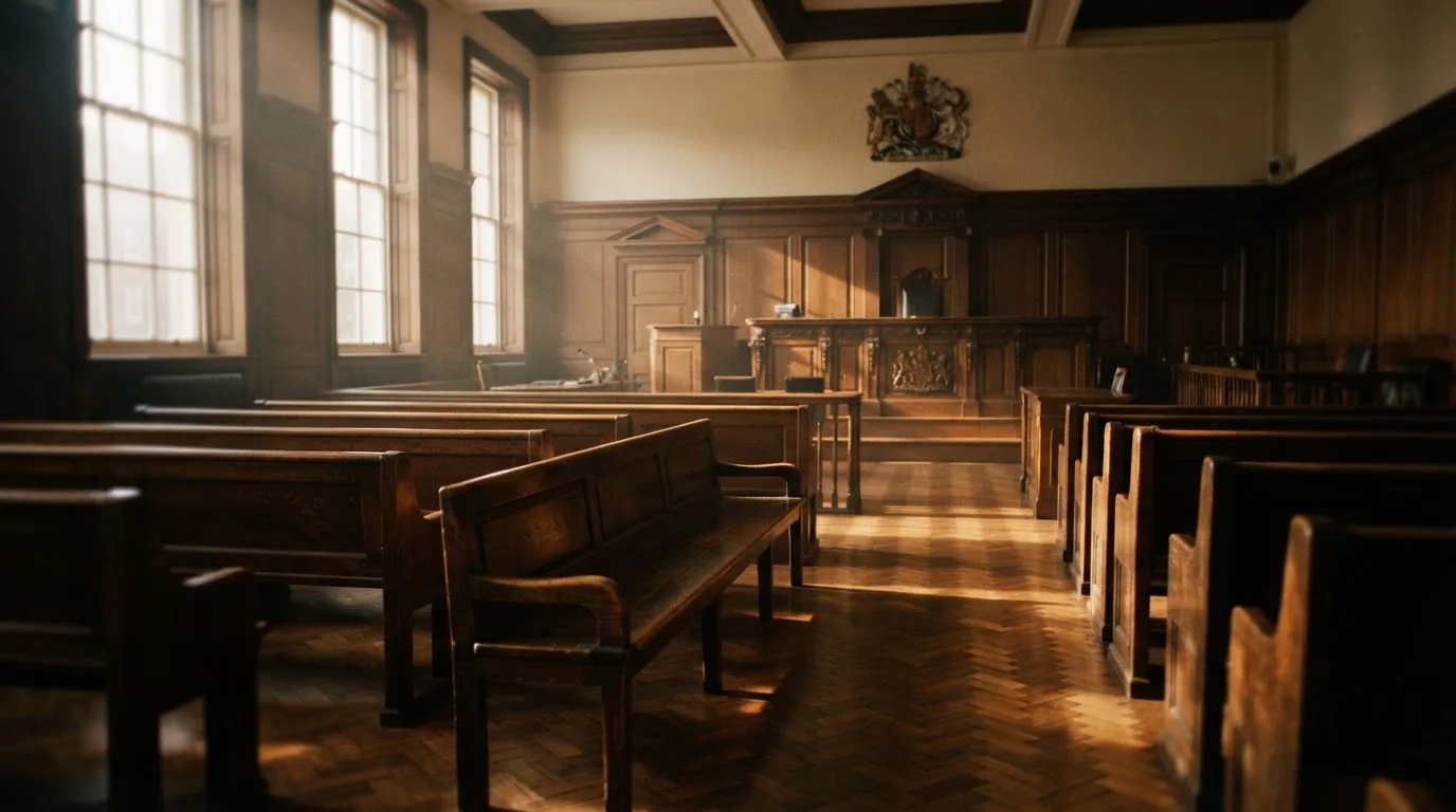 An empty courtroom with wooden benches in morning light