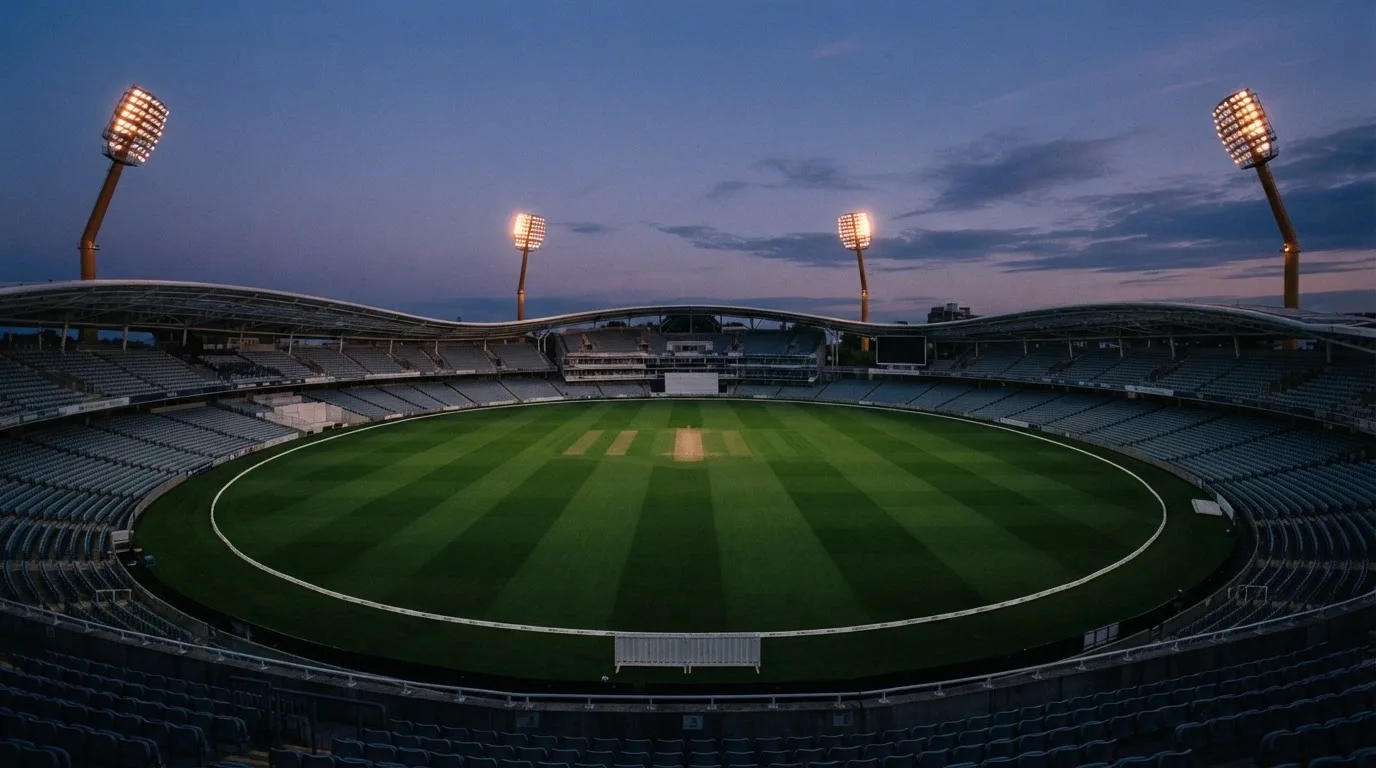 An empty football stadium with floodlight masts at dusk