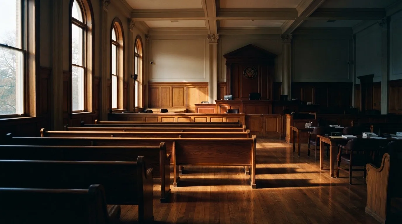 An empty courtroom with wooden benches in morning light