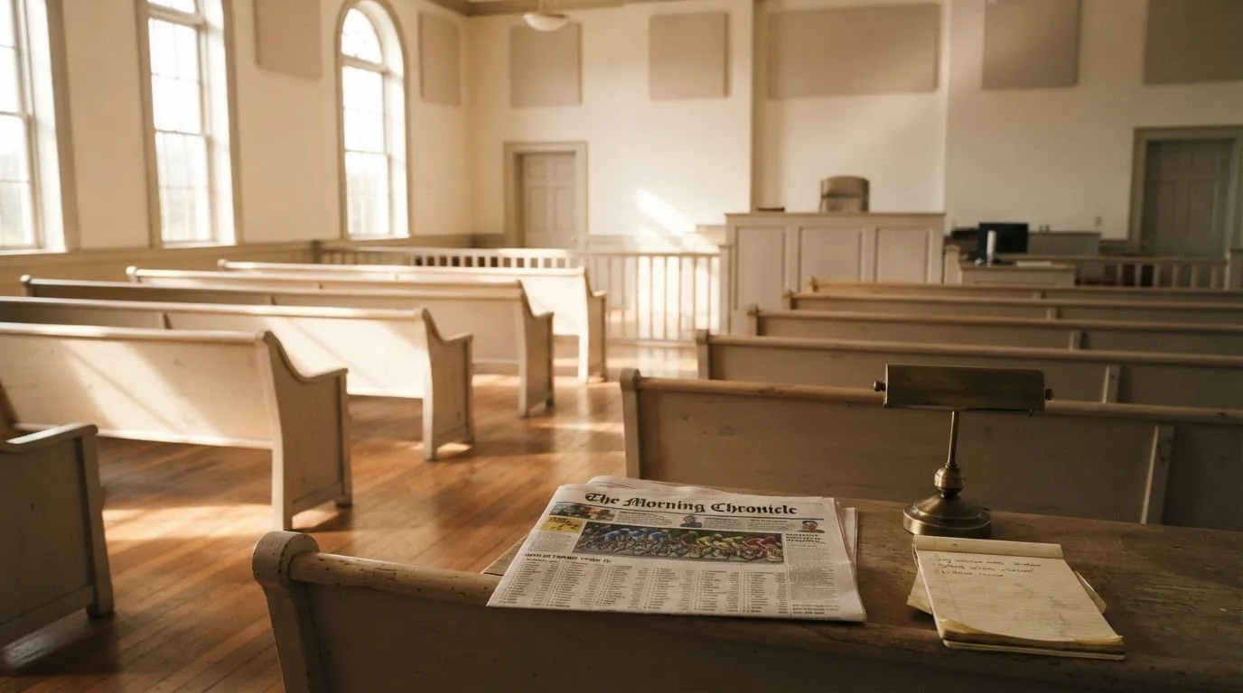 An empty courtroom with wooden benches in morning light