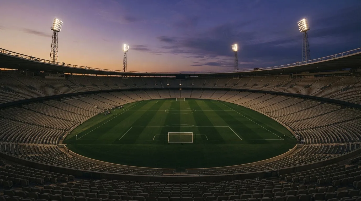 An empty football stadium with floodlight masts at dusk
