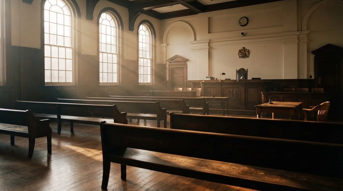 An empty courtroom with wooden benches in morning light