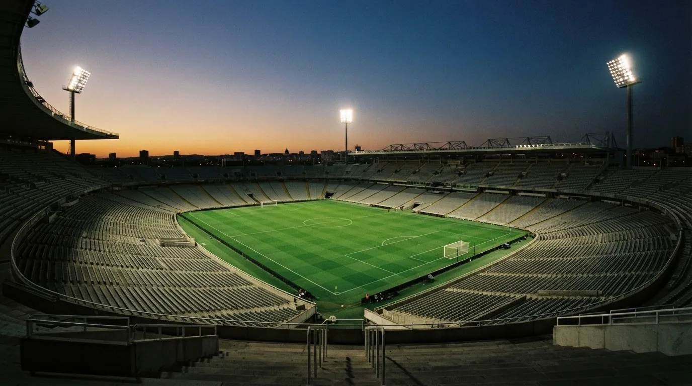 An empty football stadium with floodlight masts at dusk