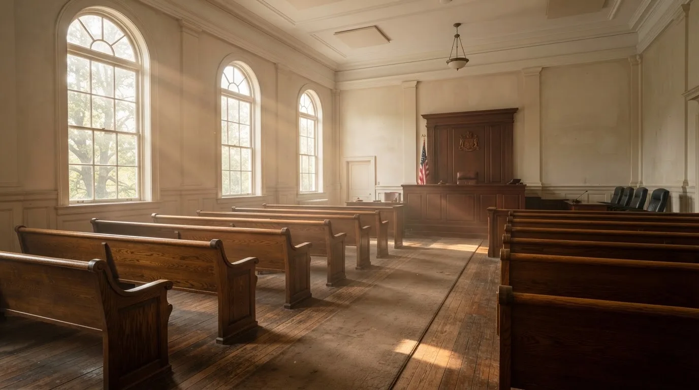 An empty courtroom with wooden benches in morning light