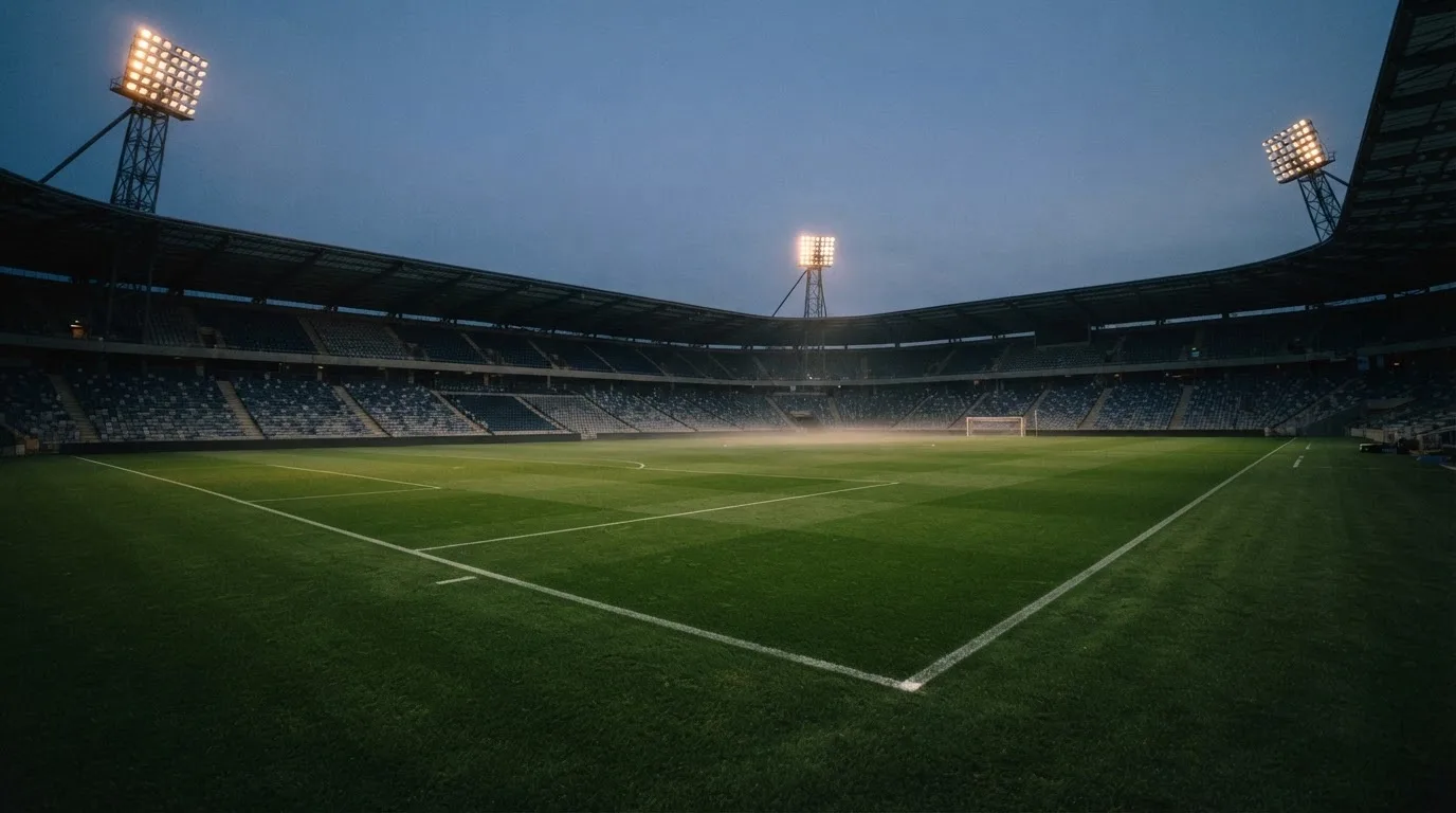 An empty football stadium with floodlight masts at dusk