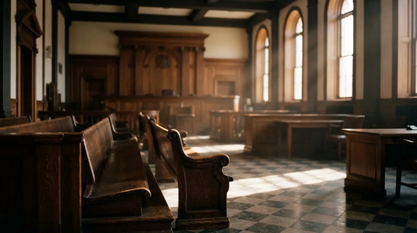 An empty courtroom with wooden benches in morning light