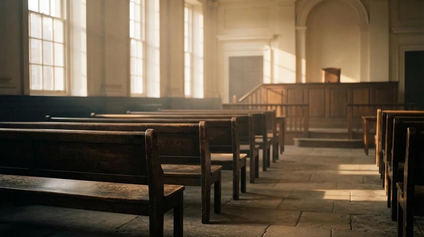 An empty courtroom with wooden benches in morning light