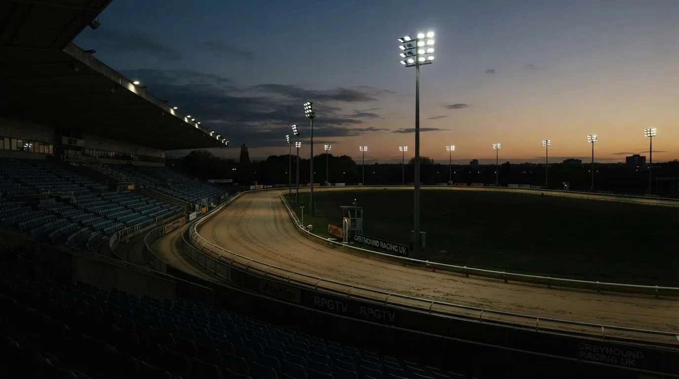 An empty football stadium with floodlight masts at dusk