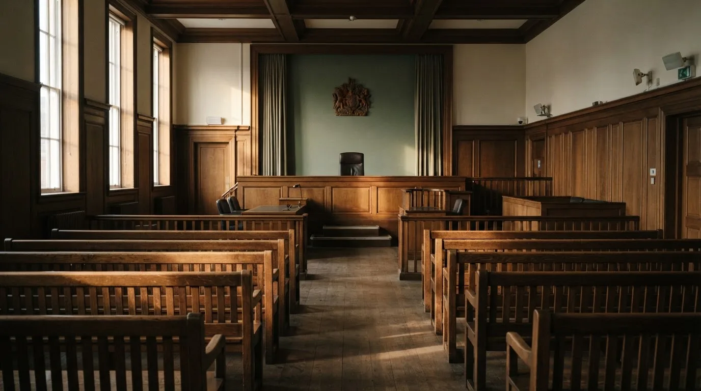 An empty courtroom with wooden benches in morning light