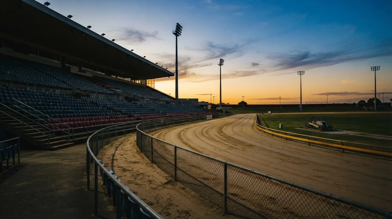 An empty football stadium with floodlight masts at dusk
