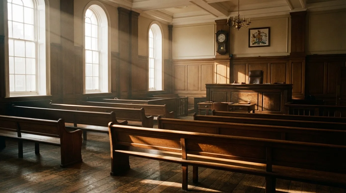 An empty courtroom with wooden benches in morning light