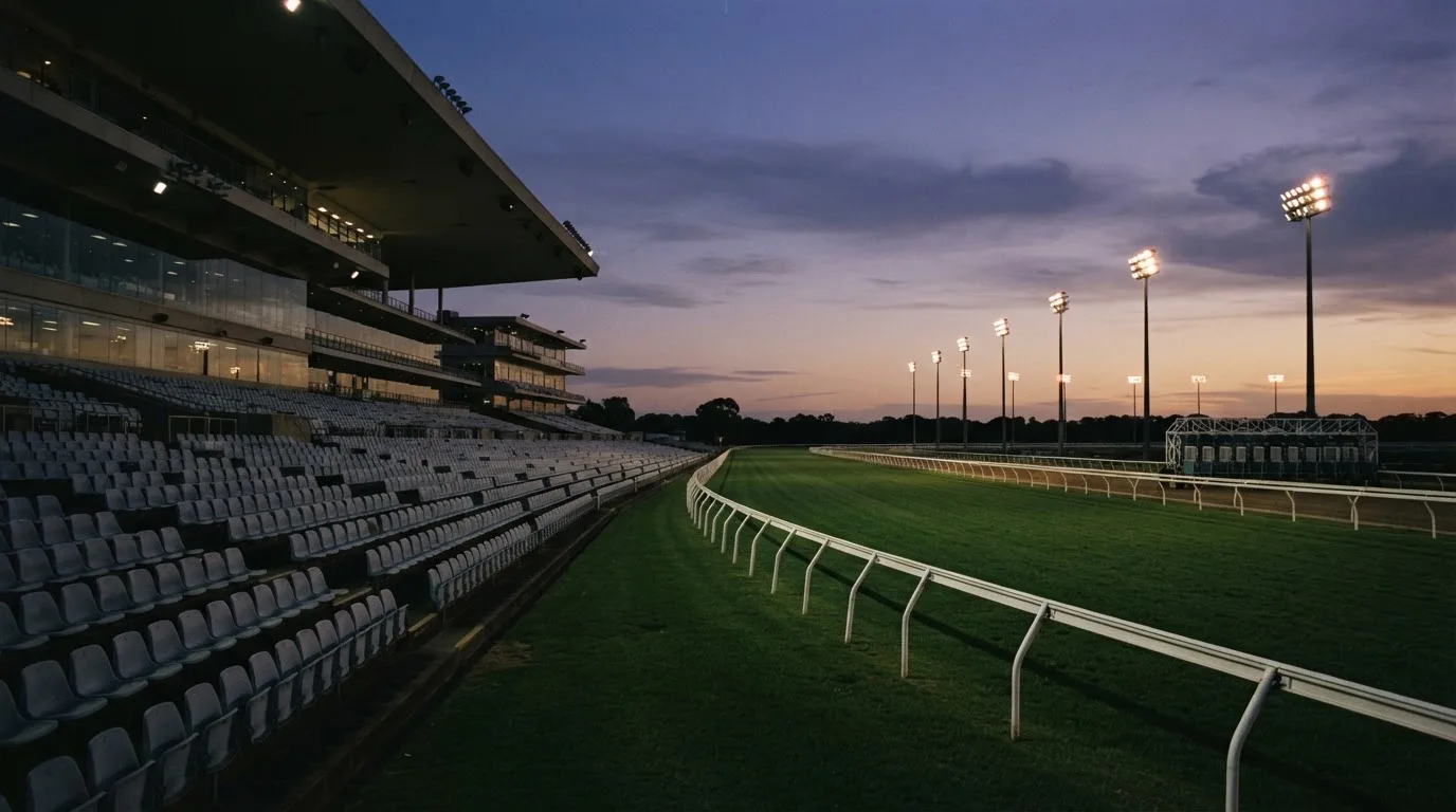 An empty football stadium with floodlight masts at dusk