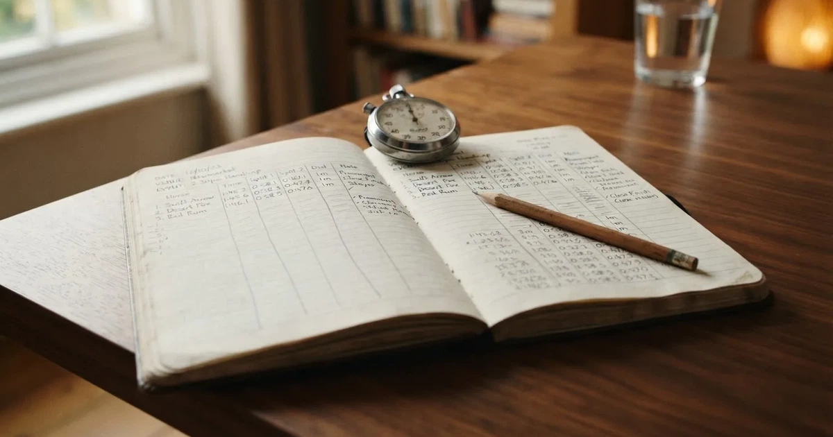 An open notebook with a pencil and a stopwatch on a wooden table