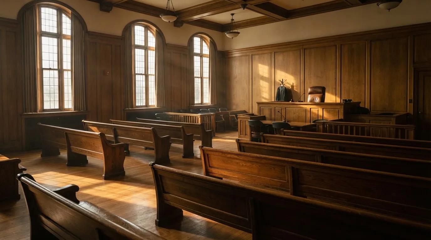 An empty courtroom with wooden benches in morning light