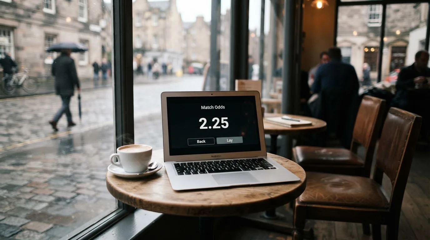 A laptop on a café table by a window onto the street
