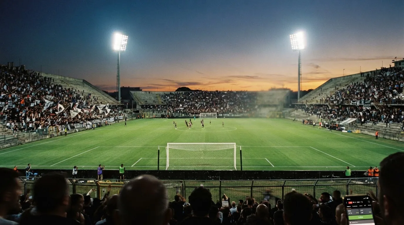 An empty football stadium with floodlight masts at dusk