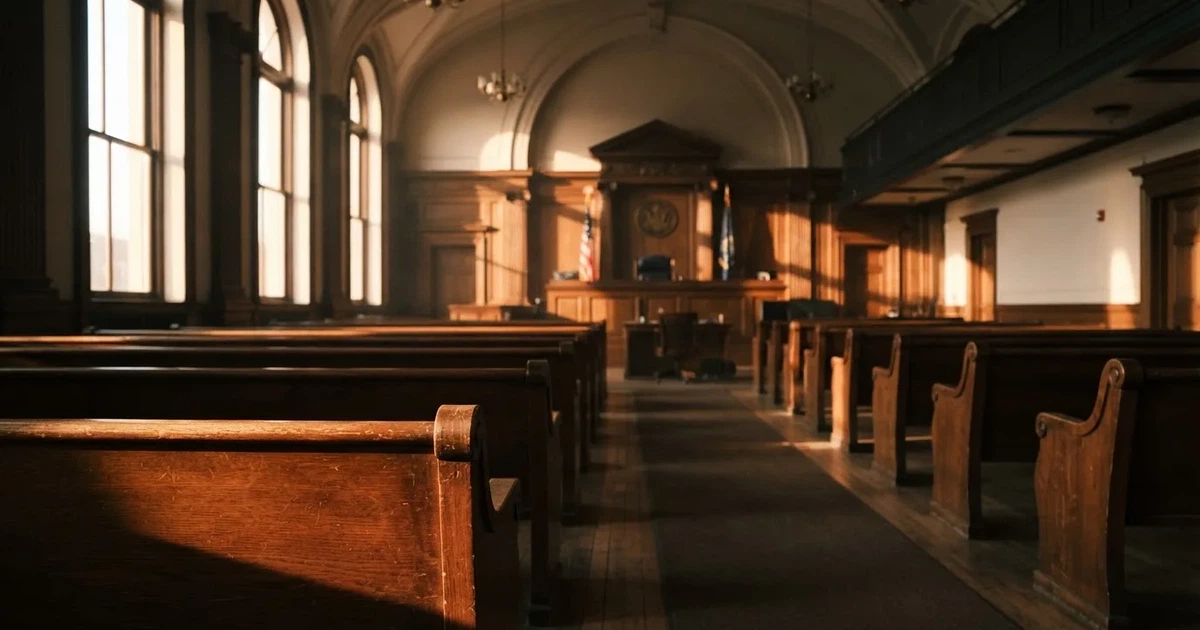 An empty courtroom with wooden benches in morning light