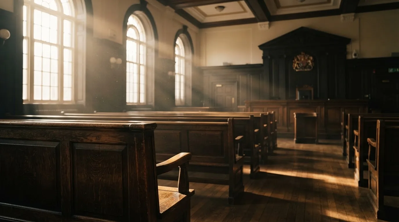 An empty courtroom with wooden benches in morning light