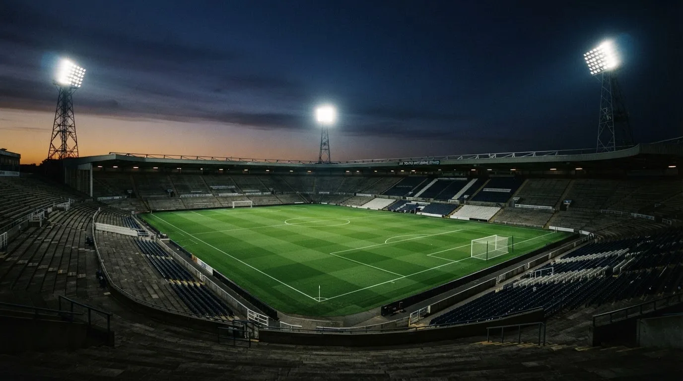 An empty football stadium with floodlight masts at dusk