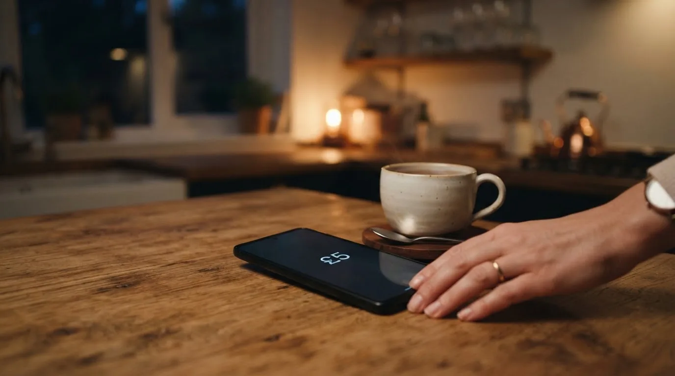 A hand setting a smartphone down beside a cup of tea on a kitchen table on a quiet evening