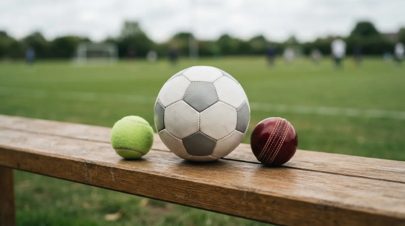 Three balls of different kinds side by side on a wooden bench
