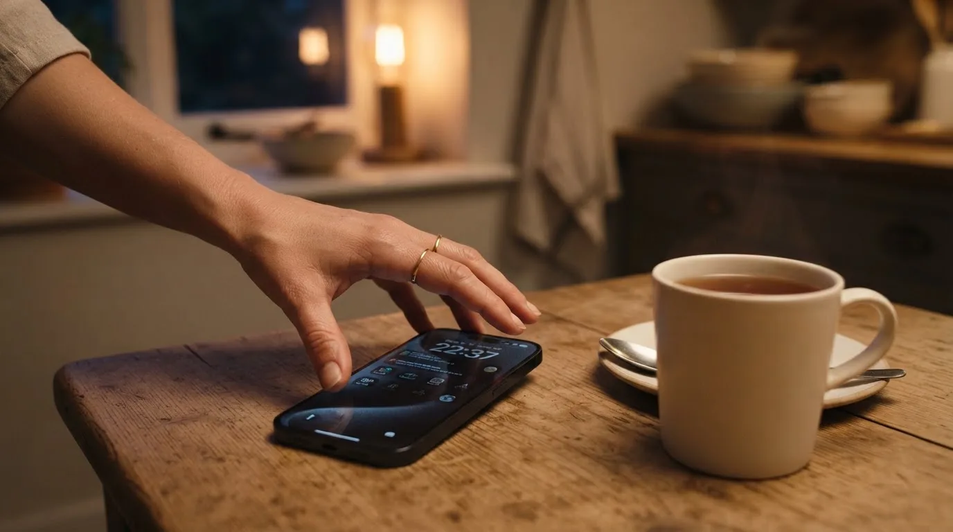 A hand setting a smartphone down beside a cup of tea on a kitchen table on a quiet evening