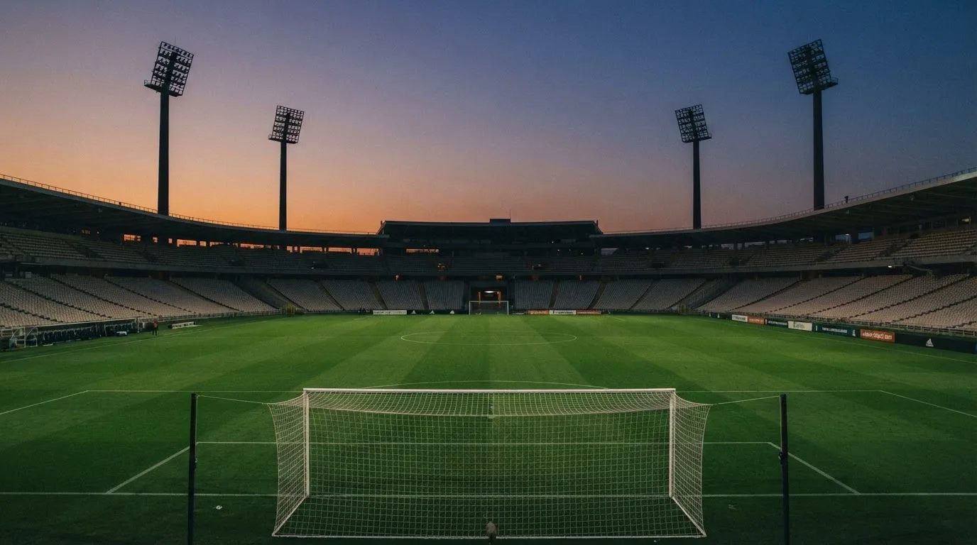 An empty football stadium with floodlight masts at dusk