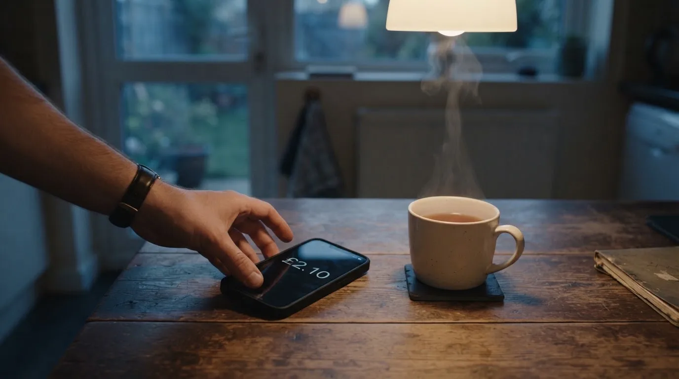 A hand setting a smartphone down beside a cup of tea on a kitchen table on a quiet evening